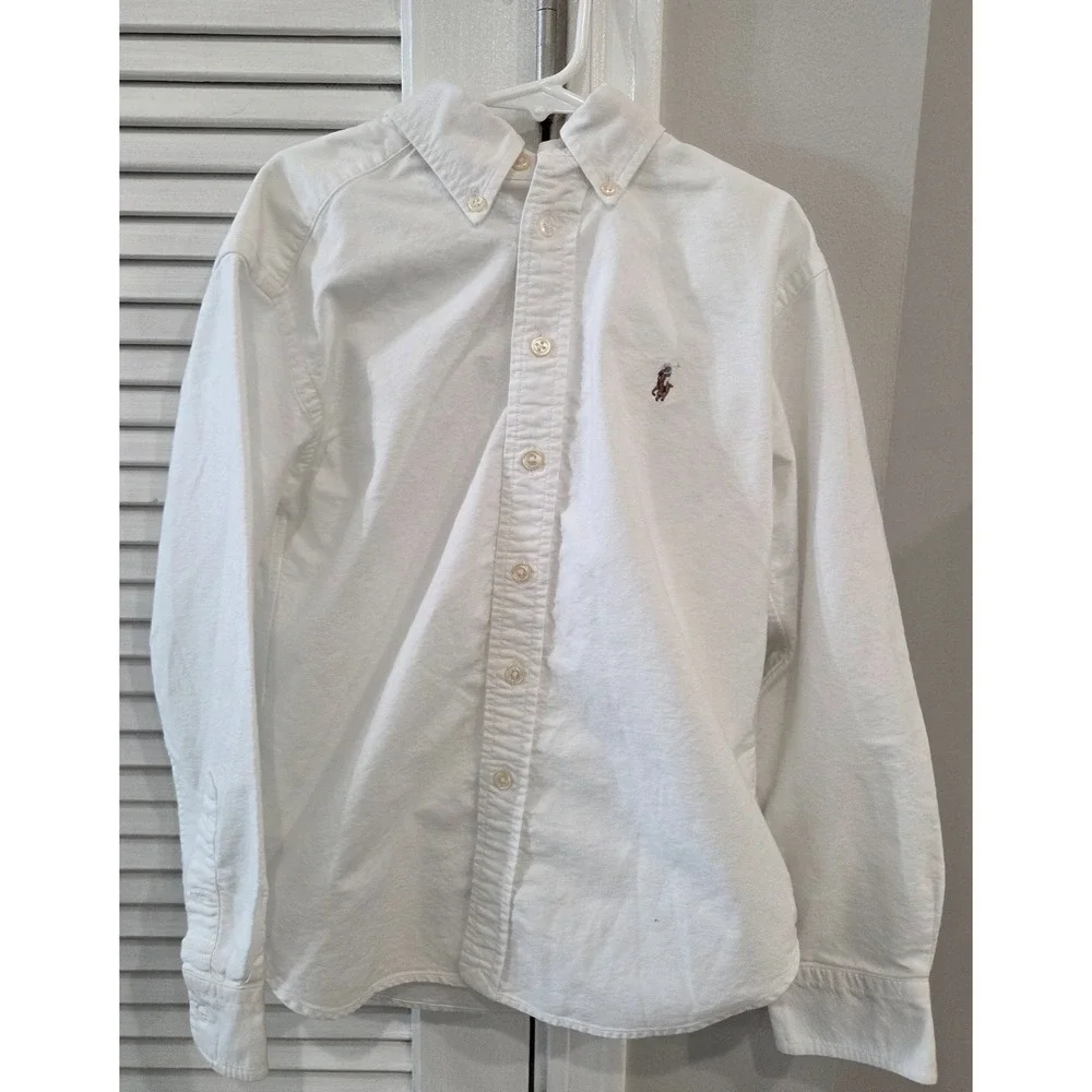 Ralph Lauren Boys Size 8 White Solid Cotton Button-Down Logo Long Sleeve Shirt